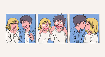 Portraits of lovely young couple kissing, smiling, fooling around. Anime, manga, kawaii asian style. Hand drawn Vector illustration. Love, relationship, Valentine's Day, emotions, dating concept