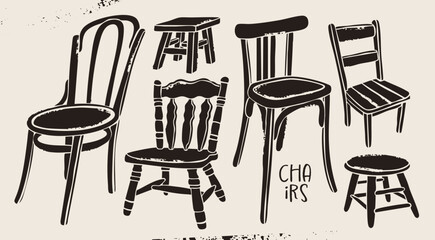 Various Chairs, interior set. Traditional, elegant dining setting, tall short chair, stool, wood decor. Different positions. Hand drawn Vector illustration. Isolated design elements. Wooden aesthetic