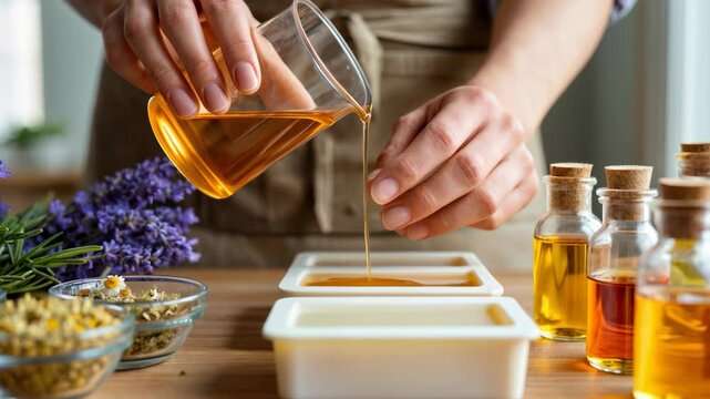 Crafting natural soaps with essential oils in a cozy workshop setting