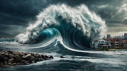 Immense Ocean Wave Crashing Near Coastal City A Powerful Visual of Nature's Fury