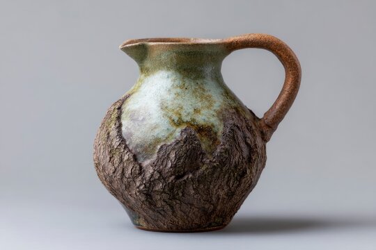 Ceramic pitcher with a textured lower half and a mottled green and brown top set against a gray background