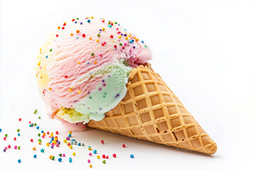 A sweet chocolate ice cream scoop in a waffle cone