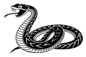 Naklejka premium Black venomous snake coiled menacingly, fangs exposed and tongue flicking out, on a white background