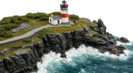 Dramatic Seascape Model Lighthouse Cliffs Ocean Waves and Miniature Figure