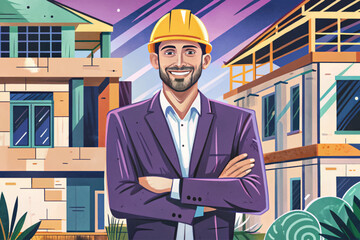 Architect smiling proudly on construction site, showcasing creativity, building design, architectural planning, and professional success in modern urban development projects