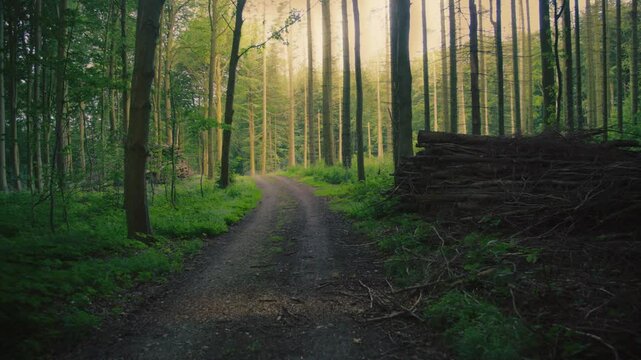 Lush forest path in Langeland, Denmark, with sunlight filtering through trees