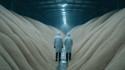 Two people in lab coats stand between large piles of grain inside.