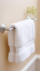 White towel hanging on bathroom towel rack with clean soft beige wall