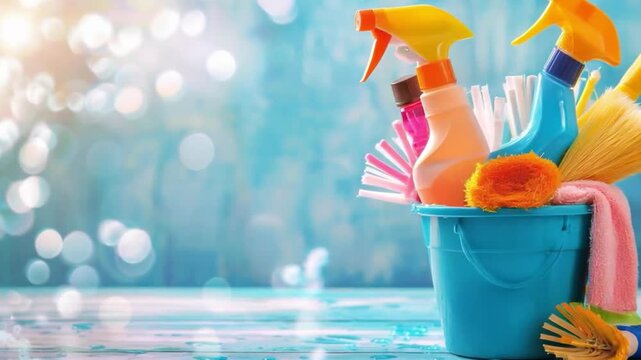 Cleaning products in a bucket on the background of a shiny surface, creating a feeling of freshness and cleanliness. Suitable for advertising household chemicals, cleaning tips and articles about keep