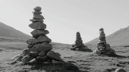Obraz premium Three stone cairns stand in a grassy field against a backdrop of mountains