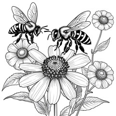 Diagram showing pollination with bee and flowers
