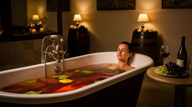 Woman relaxing in a bathtub during red wine bath therapy, enjoying a luxury spa treatment with grapes and wine bottle footage.