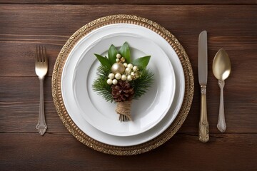Formal holiday table setting on dark wood white plates gold charger decorative centerpiece knife fork spoon