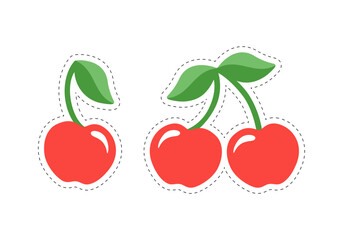 Cartoon cherries stickers with contour isolated on white background.