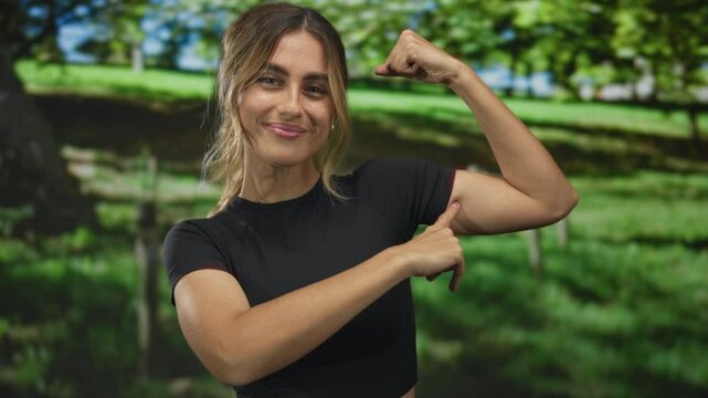 Blonde woman flexes bicep and points finger to bicep in sunny forest; strength confidence empowerment.