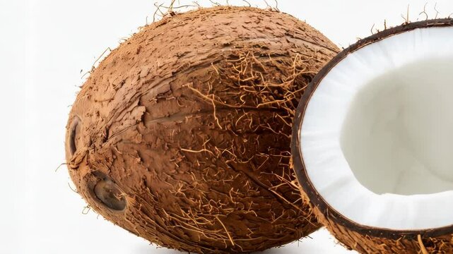 Close-up of a whole coconut with a split coconut revealing its white flesh on a bright white background