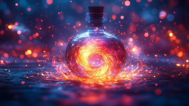 Fire swirling in glass bottle on dark surface with glowing background