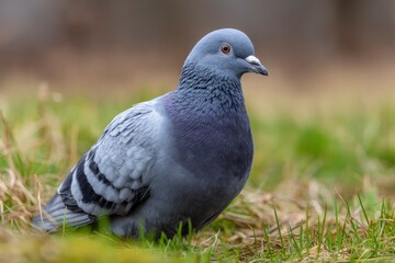 Obraz premium Gray pigeon perches on green grass The bird faces right with its neck and head in full view