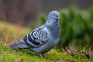 Obraz premium Gray pigeon stands on green grass detailed feathers visible