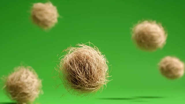 Natural fiber balls tumbleweeds floating in the air on green background, green screen