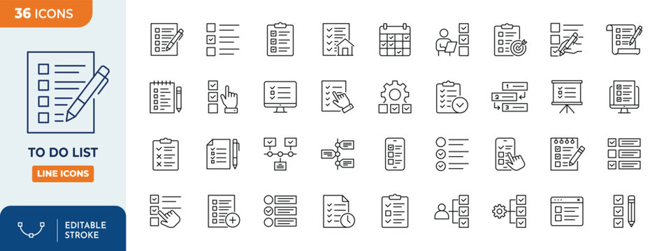 To do list line editable icon set. Contain icons related to checklist, plan, task, to do list, and more. Editable stroke. Vector illustration