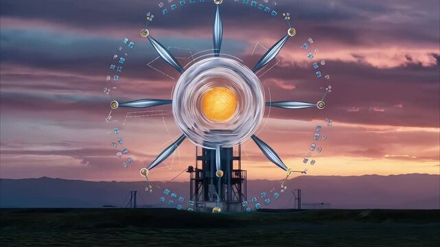 Deuterium and tritium combining Educational diagram illustrating the fusion process showing.windmill, wind, sky, energy, farm, mill, tower, pump, power, sunset, agriculture, water, blue, landscape,