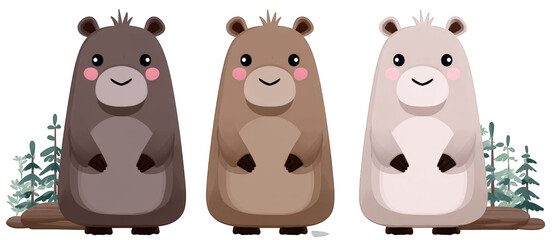 Three adorable cartoon animals standing together in a forest setting, showcasing their unique colors and expressions