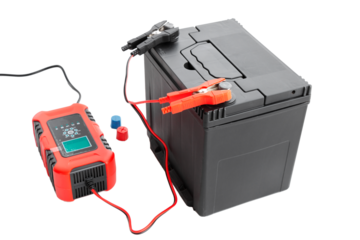 recharging AGM car battery with automatic charger, cut out, isolated background. Battery restoration and care concept.