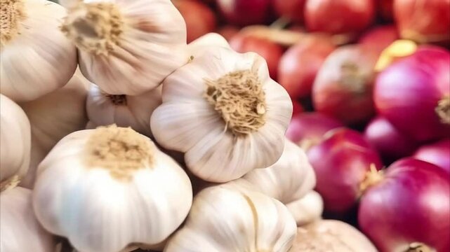 Close-up of garlic on a market stand.garlic, food, vegetable, spice, white, ingredient, bulb, healthy, organic, fresh, isolated, onion, cooking, raw, bunch, nutrition, herb, aromatic, market, eating, 