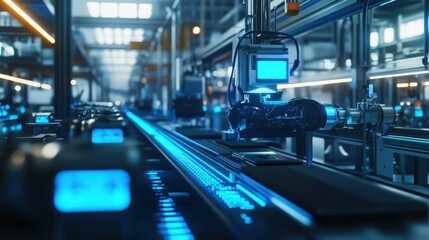 High-tech assembly line illuminated with blue LED lights, where AI and human operators collaborate via intelligent control interfaces, reflecting the evolution of Industry 5.0. 