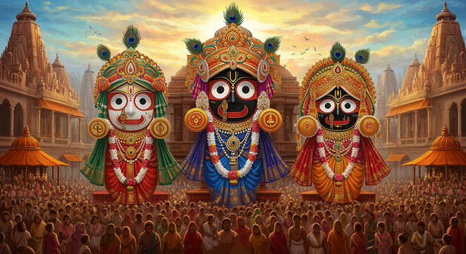 Rath Yatra car festival in Puri, Orissa, IndiaRath Yatra means Chariot Festival. with text subh rath yatra means happy rath yatra, peoples are celebrating the festival