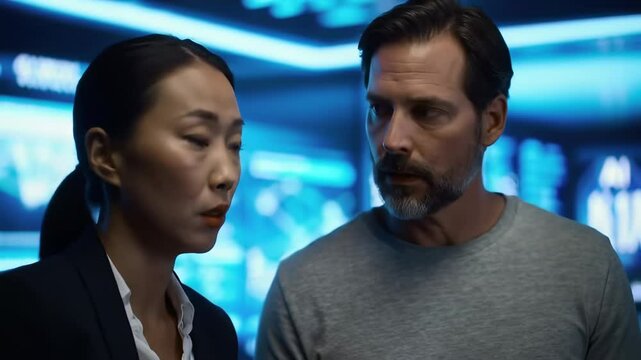 Portrait of Asian business woman and middle-aged man having a discussion in a modern office during a professional meeting .