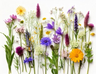 Set of wild flowers, flowering grass, natural field plants, color floral elements, beautiful