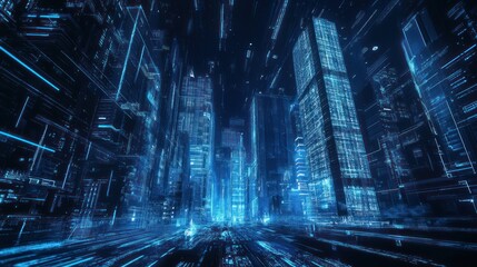 Futuristic Cyberpunk Cityscape with Electric Blue Grid Overlay and Abstract Geometry