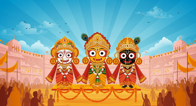 Rath Yatra car festival in Puri, Orissa, IndiaRath Yatra means Chariot Festival. with text subh rath yatra means happy rath yatra, peoples are celebrating the festival