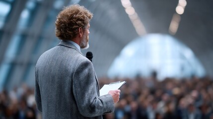 confident speaker stands on stage, holding notes while addressing a captivated audience in a spacious, contemporary conference hall, creating an atmosphere of excitement and inspiration