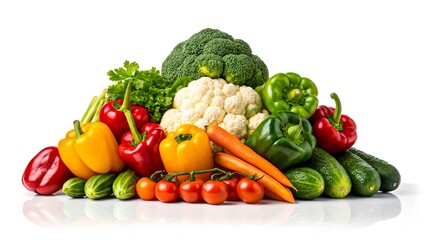 Colorful assortment of fresh vegetables including peppers, broccoli, cauliflower, tomatoes, cucumbers, and carrots on white background
