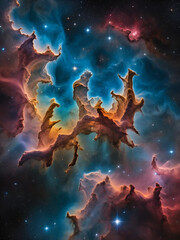 Carina Nebula with Fiery Colors and Star-Forming Regions in Deep Space
