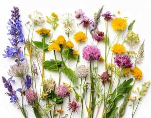 Set of wild flowers, flowering grass, natural field plants, color floral elements, beautiful
