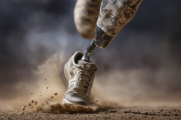 Athlete sprints on dusty terrain with prosthetic leg kicking up dust clouds. Intense focus evident in their movement. Concept of sports, fitness motivation, adaptive athletics