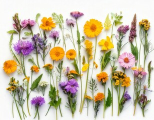 Set of wild flowers, flowering grass, natural field plants, color floral elements, beautiful