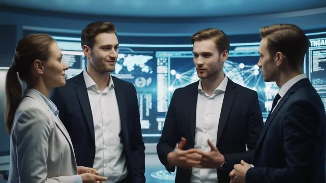 Three handsome young men in business suits and a business woman having a meeting and discussion in a modern futuristic office with LED screens