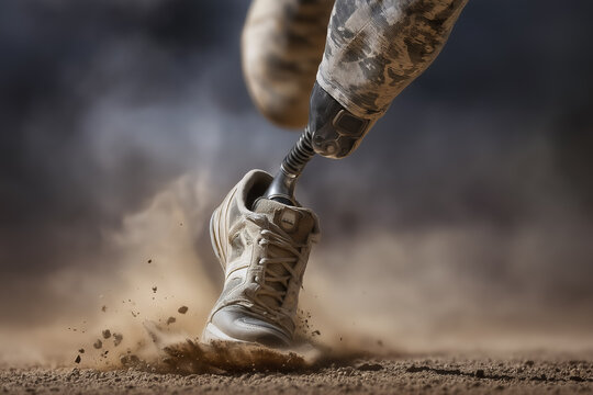 Athlete sprints on dusty terrain with prosthetic leg kicking up dust clouds. Intense focus evident in their movement. Concept of sports, fitness motivation, adaptive athletics