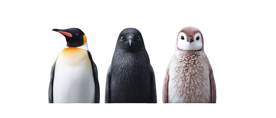 Three adorable penguin figurines standing in a row against a plain background, showcasing their unique features