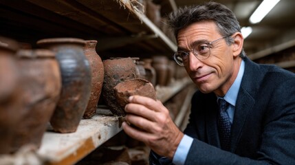 scholar in formal attire inspects a piece of ancient pottery while standing in a storage facility filled with old artifacts