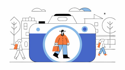 Woman Walking in City with Camera Lens View