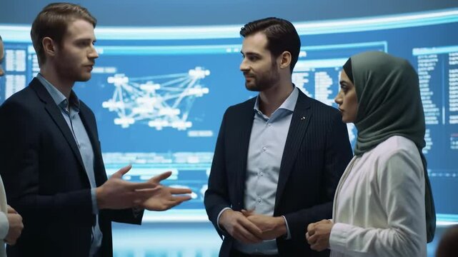 Diverse business people having a discussion Connect to Augmented Reality - Metaverse concept.
