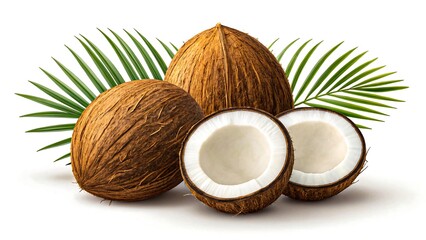 Whole and halved brown coconuts with green palm leaves isolated on white background, tropical fruit concept
