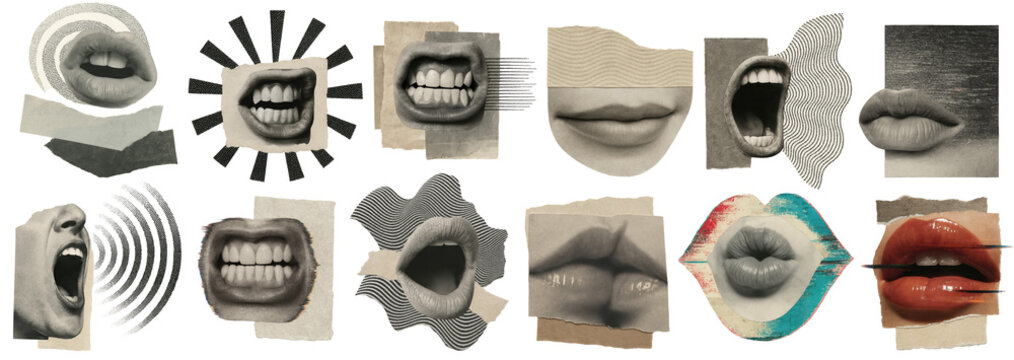 Collage of lips and mouths expressing different emotions, including screaming, talking, and smiling, on transparent background, PNG format