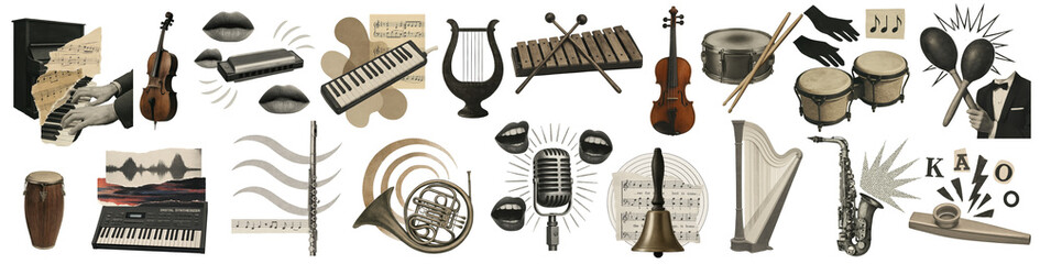 Collage featuring musical instruments like piano, violin, saxophone, and drums alongside musical symbols on a transparent background